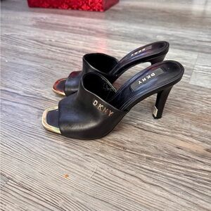 DKNY Black and Gold Open-Toe Mules